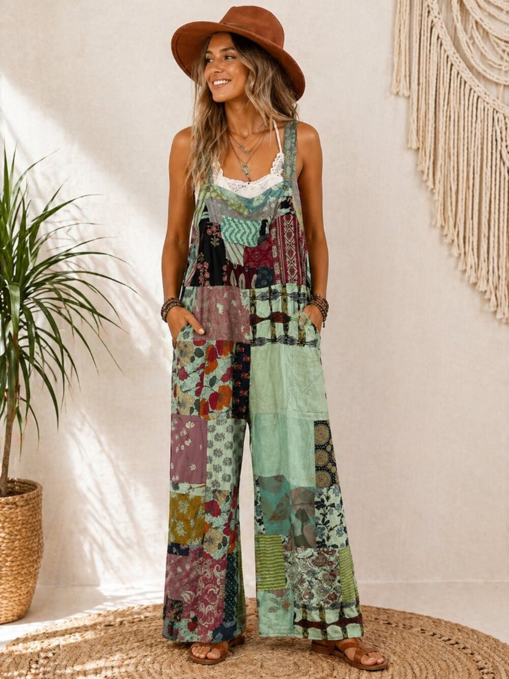 Boho Patchwork Jumpsuit Overalls; One Size